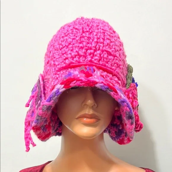 Handcrafted Pink Crochet Hat with Floral Accents display picture 1
